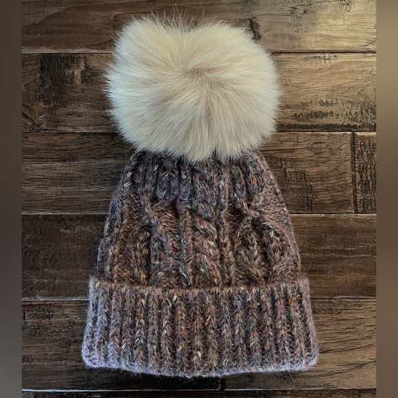 Kyi Kyi Faux Fur Pompom Cable Knit Beanie in Natural - Picture 2 of 4